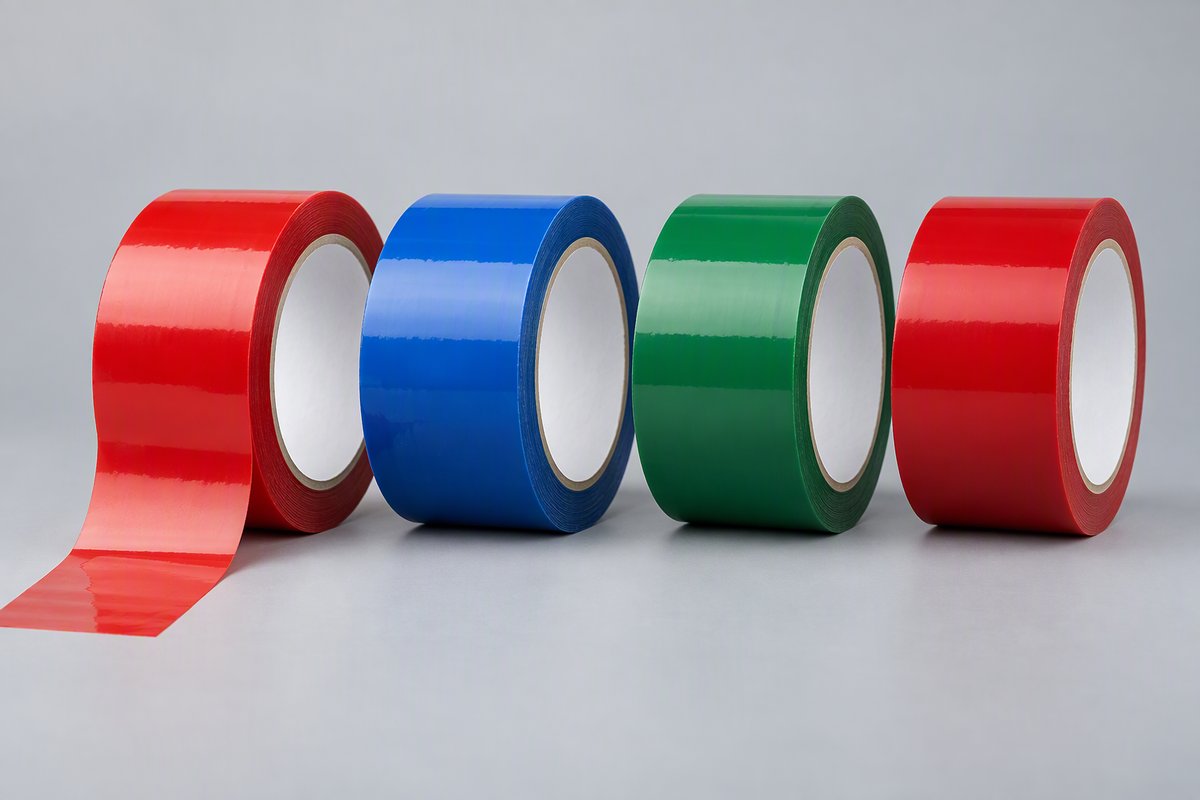 Colored packing tape rolls in red, blue and green