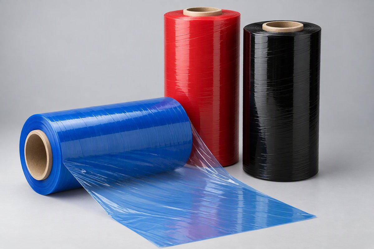 Colored stretch film rolls in blue, red and black
