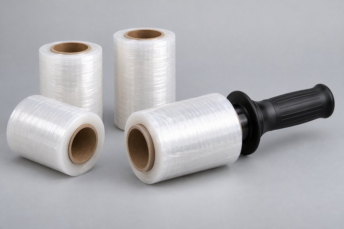 Hand stretch film rolls with dispenser handle
