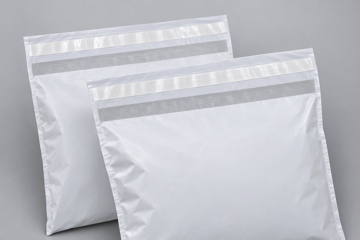 Returnable poly mailers with double adhesive closure strips