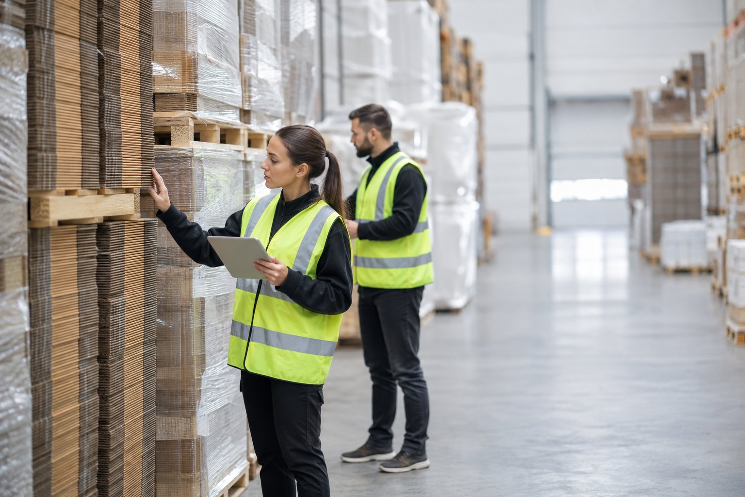 Kiki Packing warehouse team inspecting stacked packaging materials